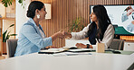 Business people, meeting and boardroom with handshake for agreement to launch company project. Women, employees or colleagues shaking hands with documents for deal, b2b campaign or team partnership