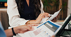 Hands, documents and women in office, investor and research for economy info. Closeup, people and financial advisor in meeting, planning and paperwork for trading portfolio and revenue review report