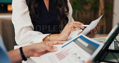Buy stock photo Hands, documents and women in office, investor and research for economy info. Closeup, people and financial advisor in meeting, planning and paperwork for trading portfolio and revenue review report