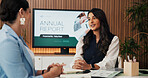 Talk, review and meeting with business woman in office for venture capitalist, advisor or planning. Investment growth, financial strategist and fund manager with person in boardroom for annual report