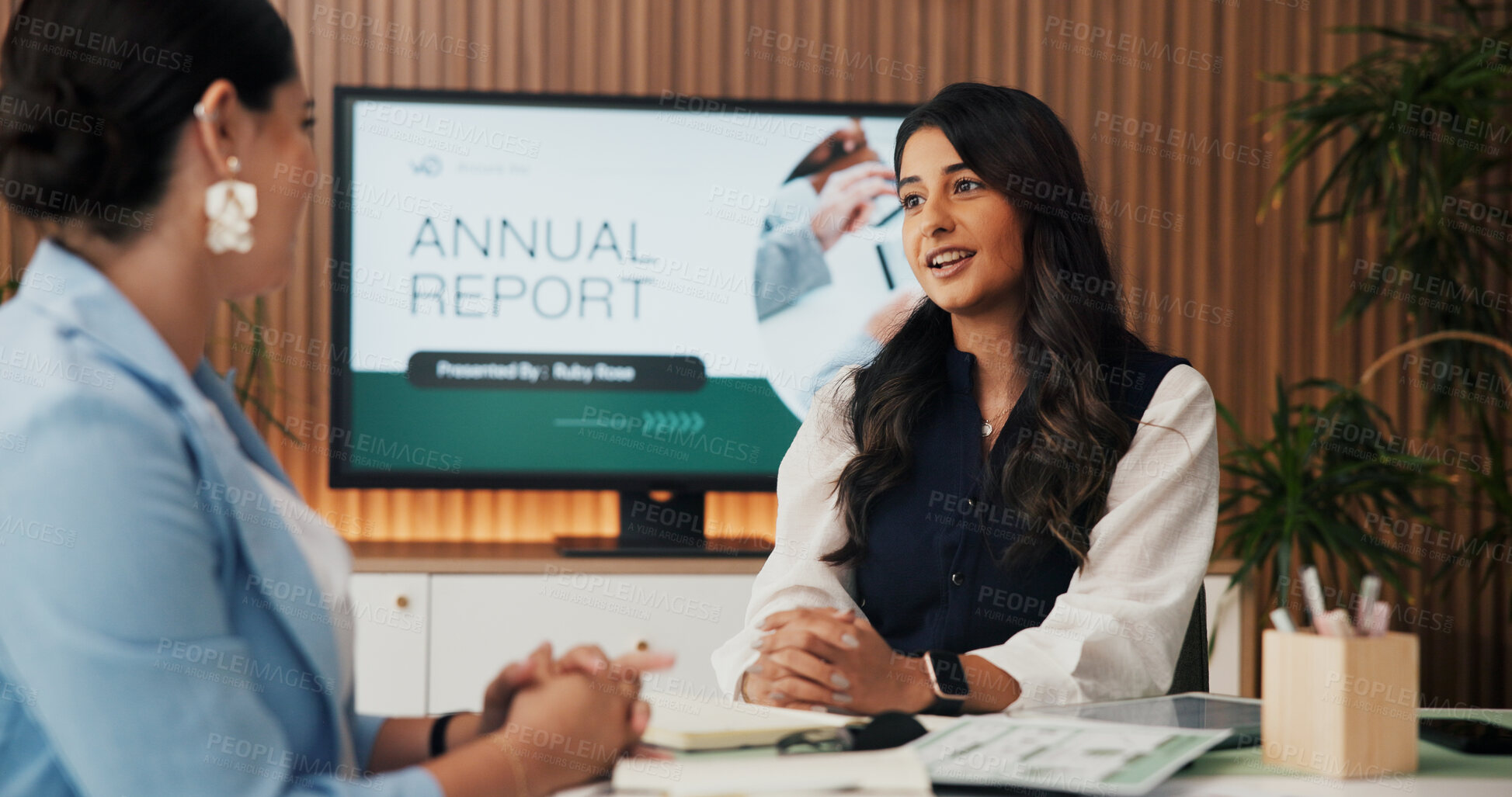 Buy stock photo Talk, review and meeting with business woman in office for venture capitalist, advisor or planning. Investment growth, financial strategist and fund manager with person in boardroom for annual report