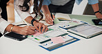 Hands, documents and women in meeting, investor and charts for profit increase. Employees, professional and people in office, teamwork and graphs for investment growth, financial revenue and planning