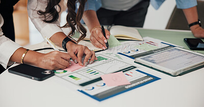 Buy stock photo Hands, documents and women in meeting, investor and charts for profit increase. Employees, professional and people in office, teamwork and graphs for investment growth, financial revenue and planning