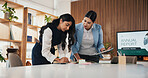 Annual report, business and women in meeting, tablet for economy info and discussion. Feedback, accounting and people in office, tech and email for audit review, internet or app for budget proposal