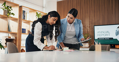 Buy stock photo Annual report, business and women in meeting, tablet for economy info and discussion. Feedback, accounting and people in office, tech and email for audit review, internet or app for budget proposal