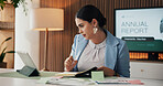 Tablet, reading and woman in office, annual report and economy info for profit increase. Employee, corporate professional and person in workplace, tech and email for income review and company audit
