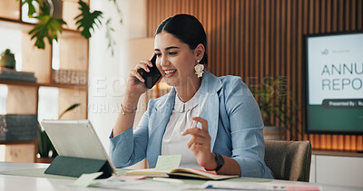 Buy stock photo Tablet, phone call and woman in office, accountant and communication for audit review. Employee, person and corporate professional in workplace, smartphone and app for conversation and annual report