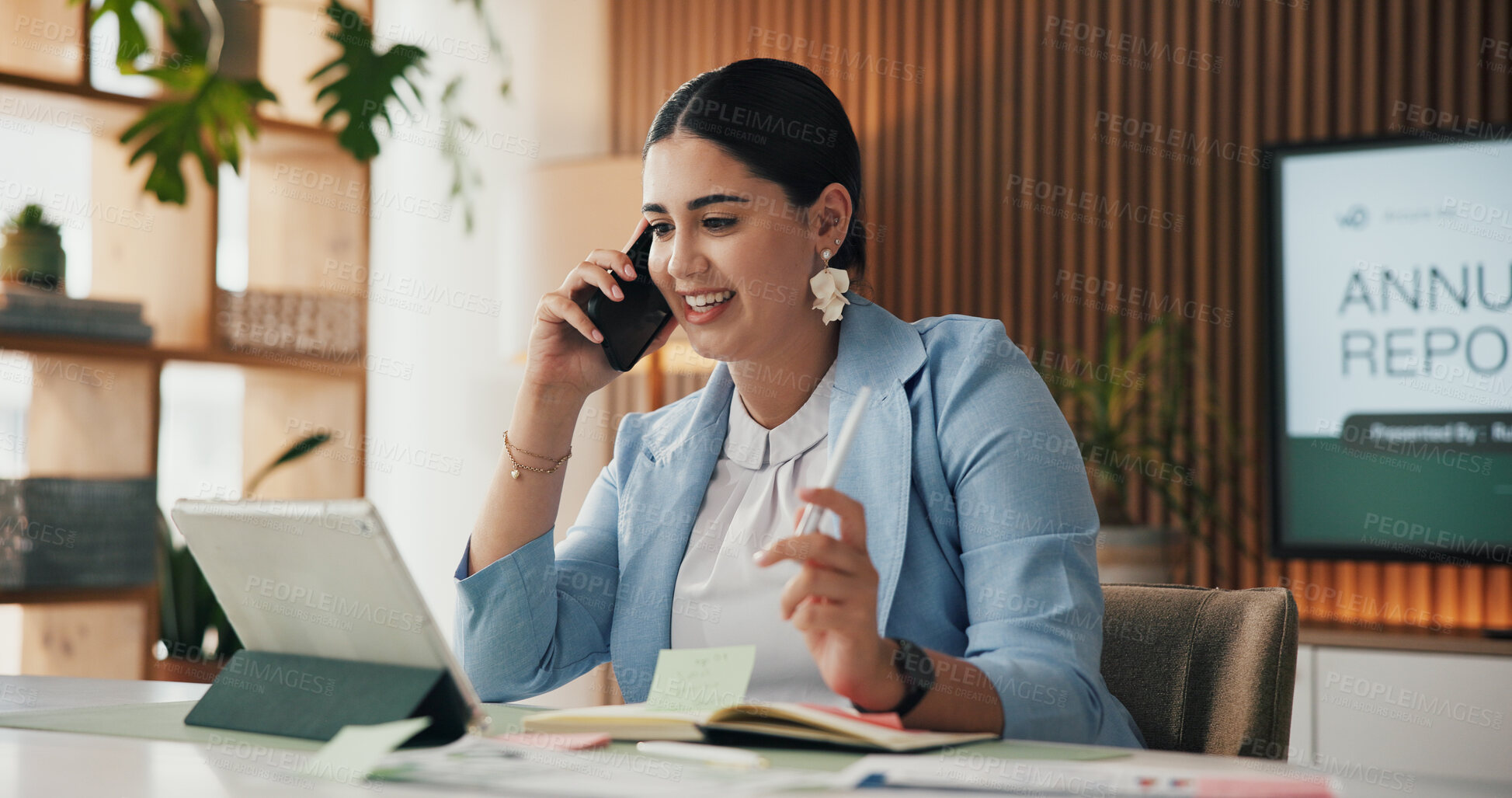 Buy stock photo Tablet, phone call and woman in office, accountant and communication for audit review. Employee, person and corporate professional in workplace, smartphone and app for conversation and annual report