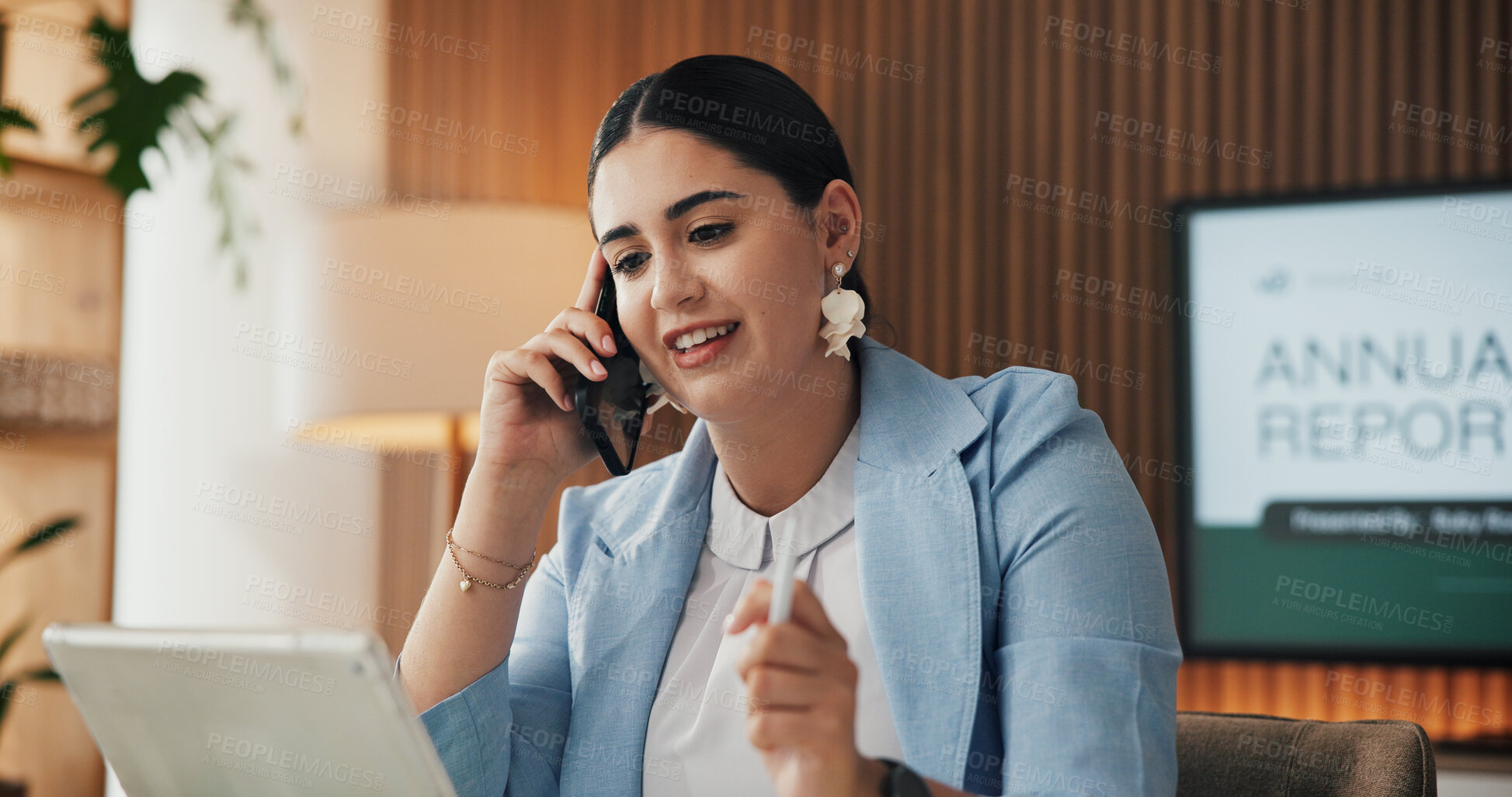 Buy stock photo Tablet, phone call and woman in workplace, accountant and communication for audit review. Contact, happy person or professional in office, cellphone and digital app for conversation and annual report