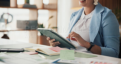 Buy stock photo Hands, woman and scroll on tablet in office for equity report, market research and economic data. Planning, financial analyst and tech for reading industry trends, monitor performance or client email
