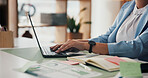 Hands, woman and typing on laptop at desk for income report, market trends and SEC filing. Graphs, financial analyst or tech in office for budget forecasting, investment proposal or industry research