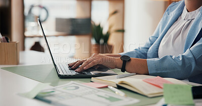 Buy stock photo Hands, woman and typing on laptop at desk for income report, market trends and SEC filing. Graphs, financial analyst or tech in office for budget forecasting, investment proposal or industry research