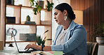 Business, woman and typing with laptop in office for online schedule, project planning or research. Female person, employee or planner checking calendar for task deadline or reminder in workplace