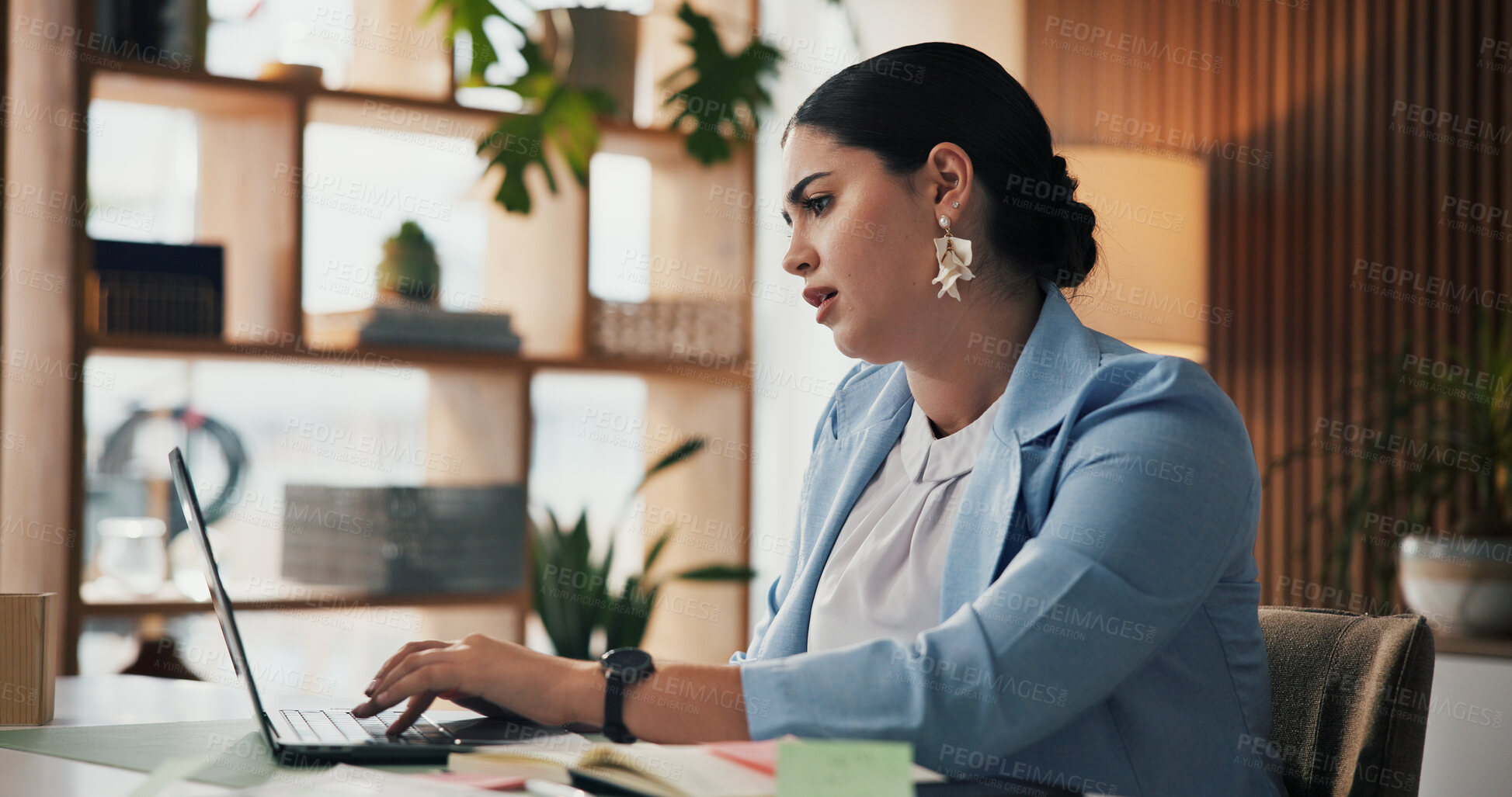 Buy stock photo Business, woman and typing with laptop in office for online schedule, project planning or research. Female person, employee or planner checking calendar for task deadline or reminder in workplace