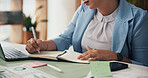 Woman, hands and writing with book in office for schedule planning, agenda or task reminder. Female person, employee or taking notes with diary or notebook for business ideas or agenda in workplace
