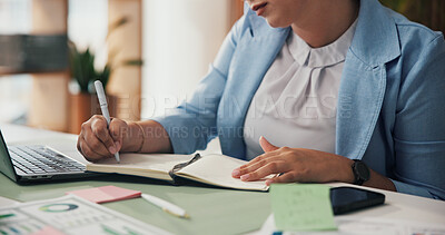 Buy stock photo Woman, hands and writing with book in office for schedule planning, agenda or task reminder. Female person, employee or taking notes with diary or notebook for business ideas or agenda in workplace