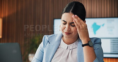 Buy stock photo Business, woman and headache with laptop in office for data mistake, modeling error and workload. Graphs, financial analyst and overwhelmed with tech for metrics inconsistency, stress and brain fog