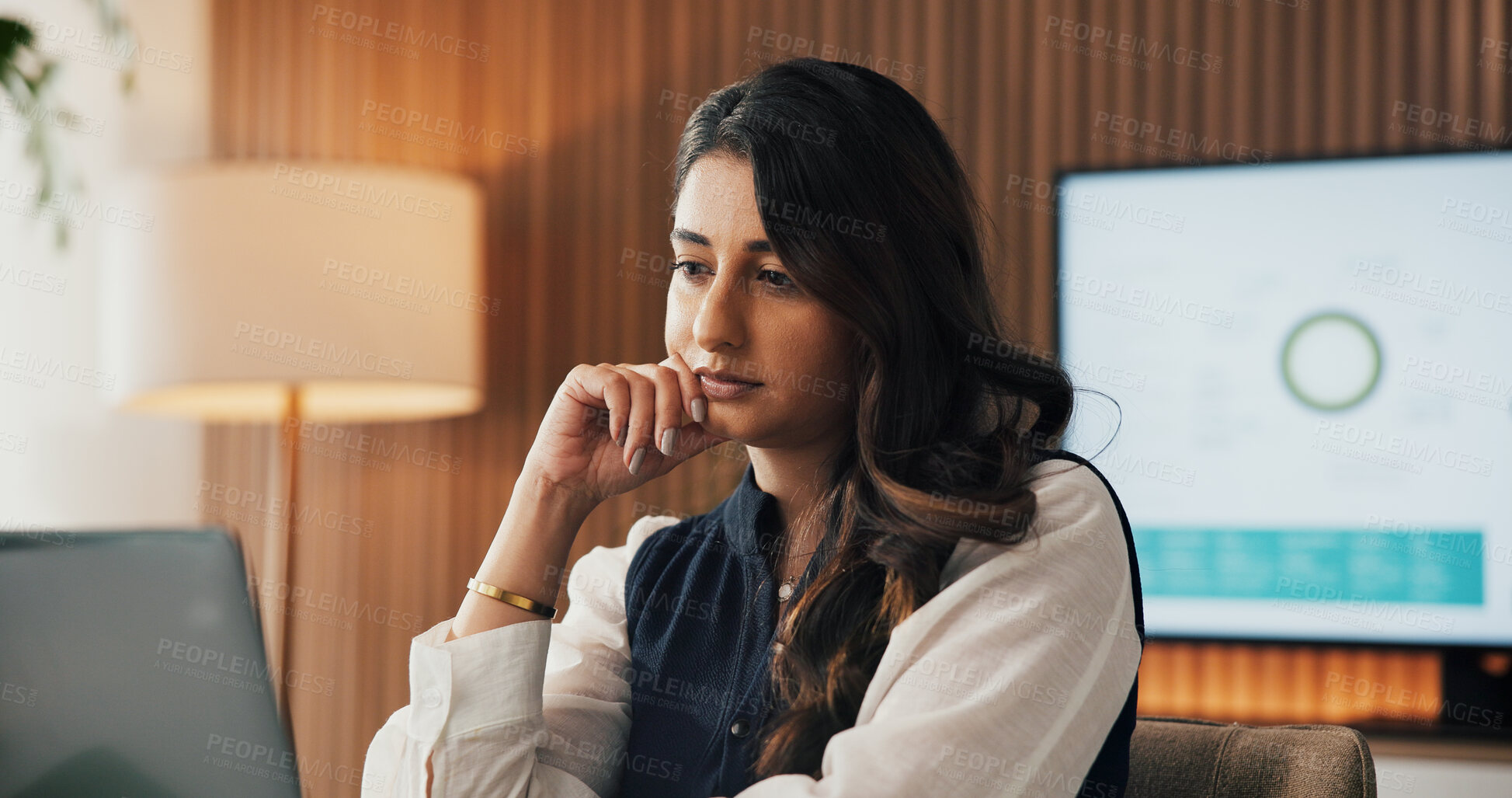 Buy stock photo Business, woman and thinking with laptop in office for performance review, decision or option. Thoughtful, female person or analyst with computer for choice on improvement or development in workplace