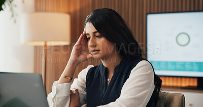 Buy stock photo Stress, woman and headache with laptop at desk for data mistake, system failure or deadline. Graphs, financial analyst and migraine with tech in office for stats error, workload pressure and burnout