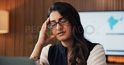 Buy stock photo Frustrated, woman and headache with laptop in office for finance mistake, stats error and workload. Graphs, financial analyst and stress with tech for metrics inconsistency, migraine and overwhelmed