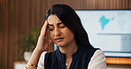 Business, woman and headache of stress in office for difficult project, urgent deadline and workload. Graphs, financial analyst and overwhelmed with tech for sales pitch mistake, migraine or pressure