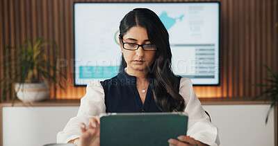 Buy stock photo Business, woman and scroll on tablet in office for income report, market trends and data analysis. Chart, financial analyst and tech for budget forecasting, KPI performance and reading finance news