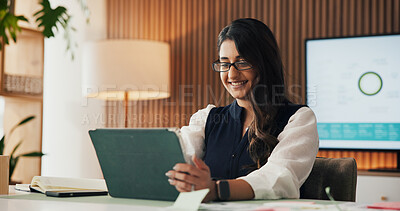 Buy stock photo Business, woman and smile with tablet in office for income report, market trends and data analysis. Graphs, financial analyst and tech for budget forecasting, KPI performance and reading finance news