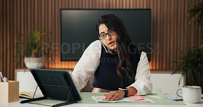 Buy stock photo Tablet, phone call and woman in office, investor and communication for profit increase. Contact, person or financial advisor in workplace, cellphone or digital app for trading info and conversation