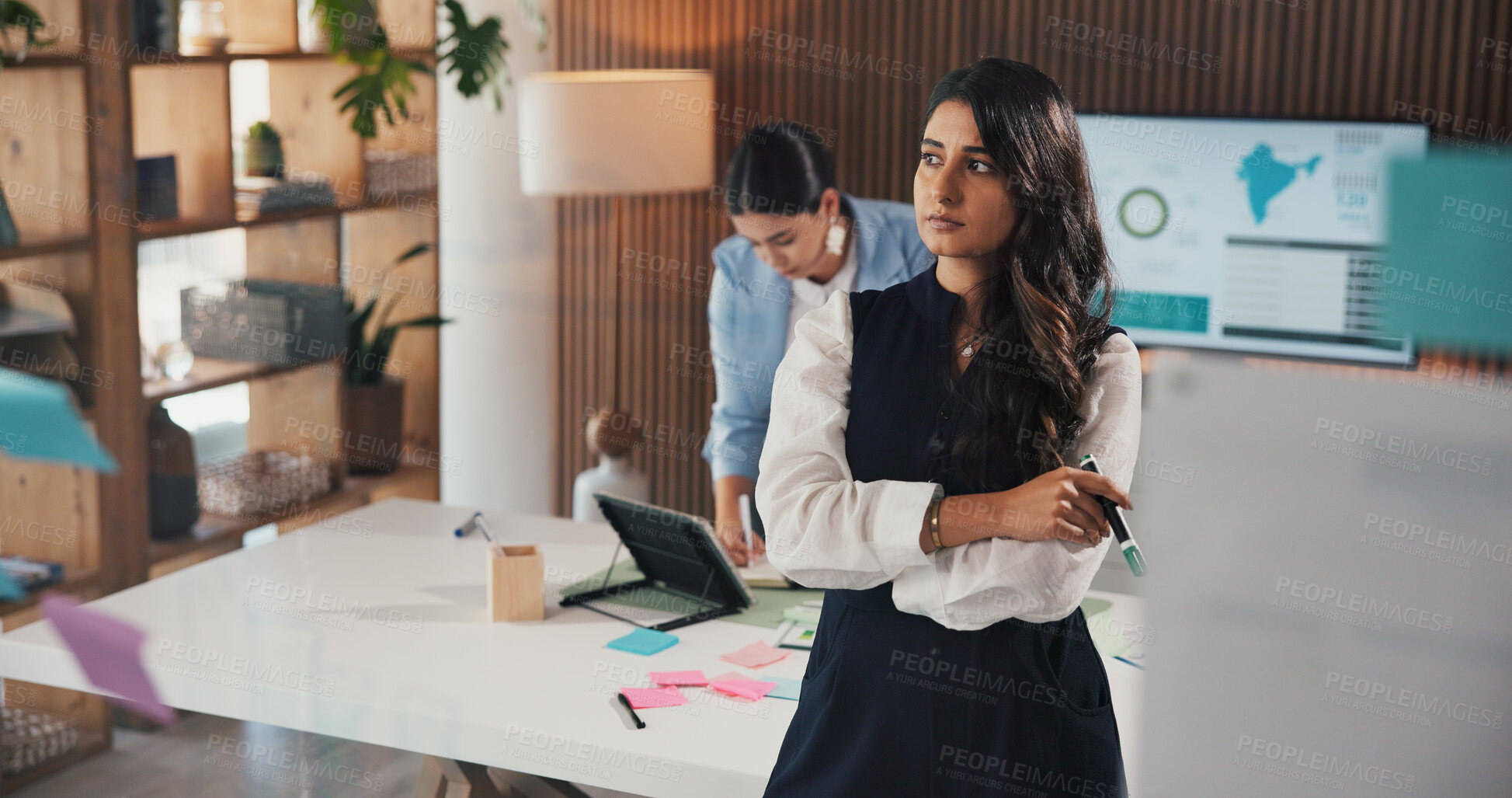 Buy stock photo Thinking, investor and woman in workplace, decision for investment opportunity and solution. Professional, person and financial advisor in office, problem solving for audit review or trading strategy