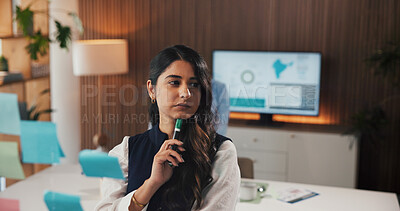 Buy stock photo Thinking, investor and woman in office, reflection for investment opportunity and planning. Professional, person and financial advisor in workplace, problem solving for audit review and solution