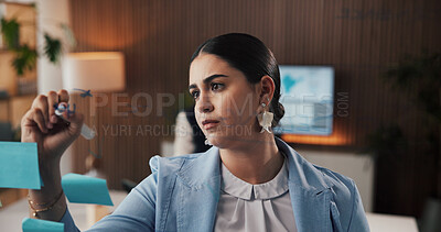 Buy stock photo Business, woman or writing with glass board for schedule planning, idea or reminder in office. Female person, employee or taking notes with list for project brainstorming, agenda or task in workplace