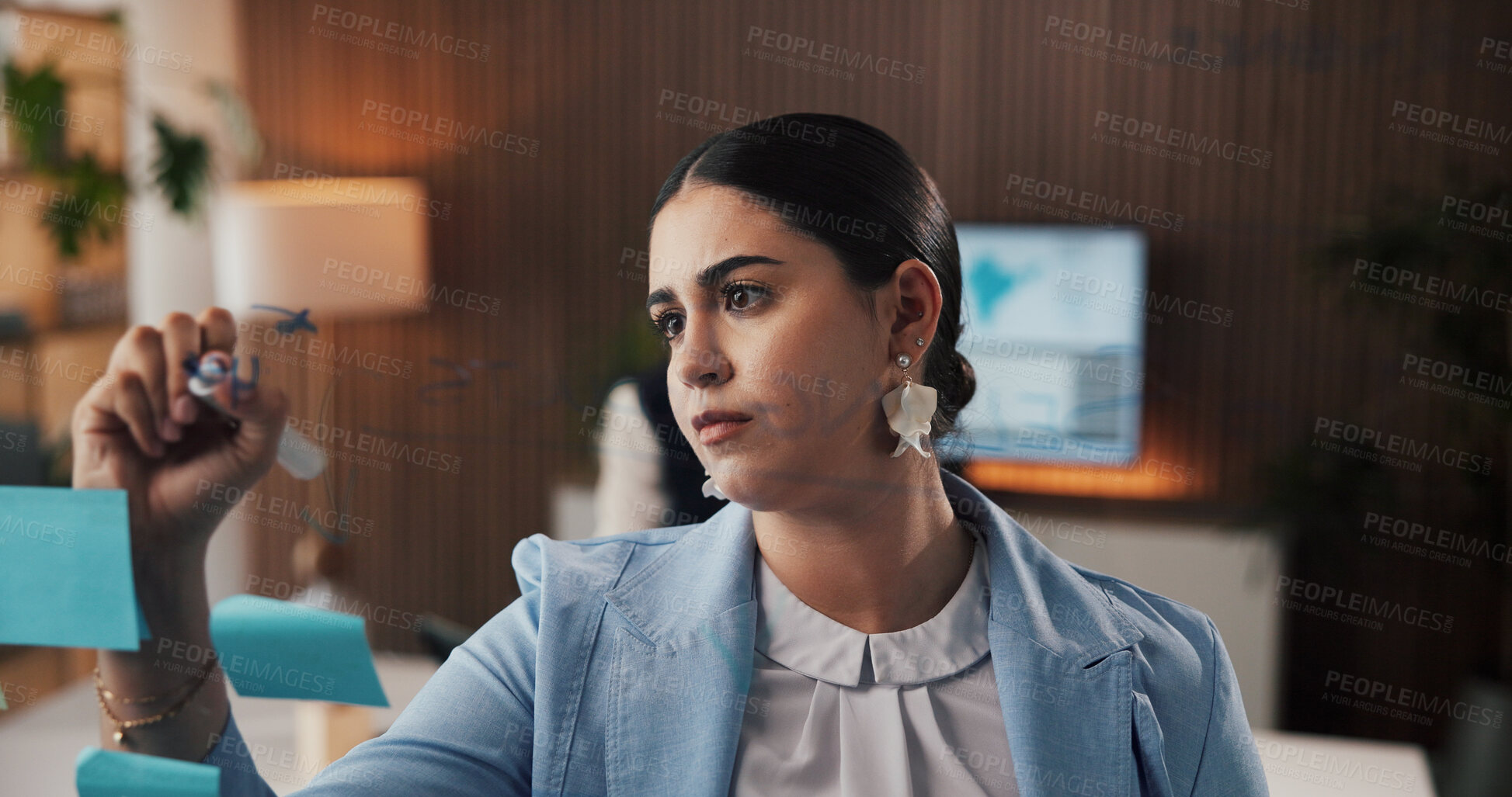Buy stock photo Business, woman or writing with glass board for schedule planning, idea or reminder in office. Female person, employee or taking notes with list for project brainstorming, agenda or task in workplace