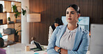 Thinking, investor and woman in office, arms crossed for investment strategy and solution. Employee, person and financial advisor in workplace, problem solving for audit review, pride and reflection