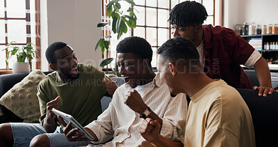Buy stock photo Home, men or tablet for soccer results, celebration or online video for sports news. Victory, happy people or friends in lounge, cheering or tech for entertainment, football or fist pump for goals