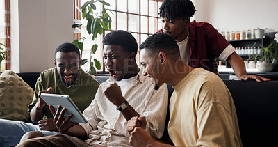 Buy stock photo Cheering, men and tablet for soccer results, excited and online watch for game victory. Celebration, people or friends in home, fist pump or tech for entertainment, happiness and app for match update