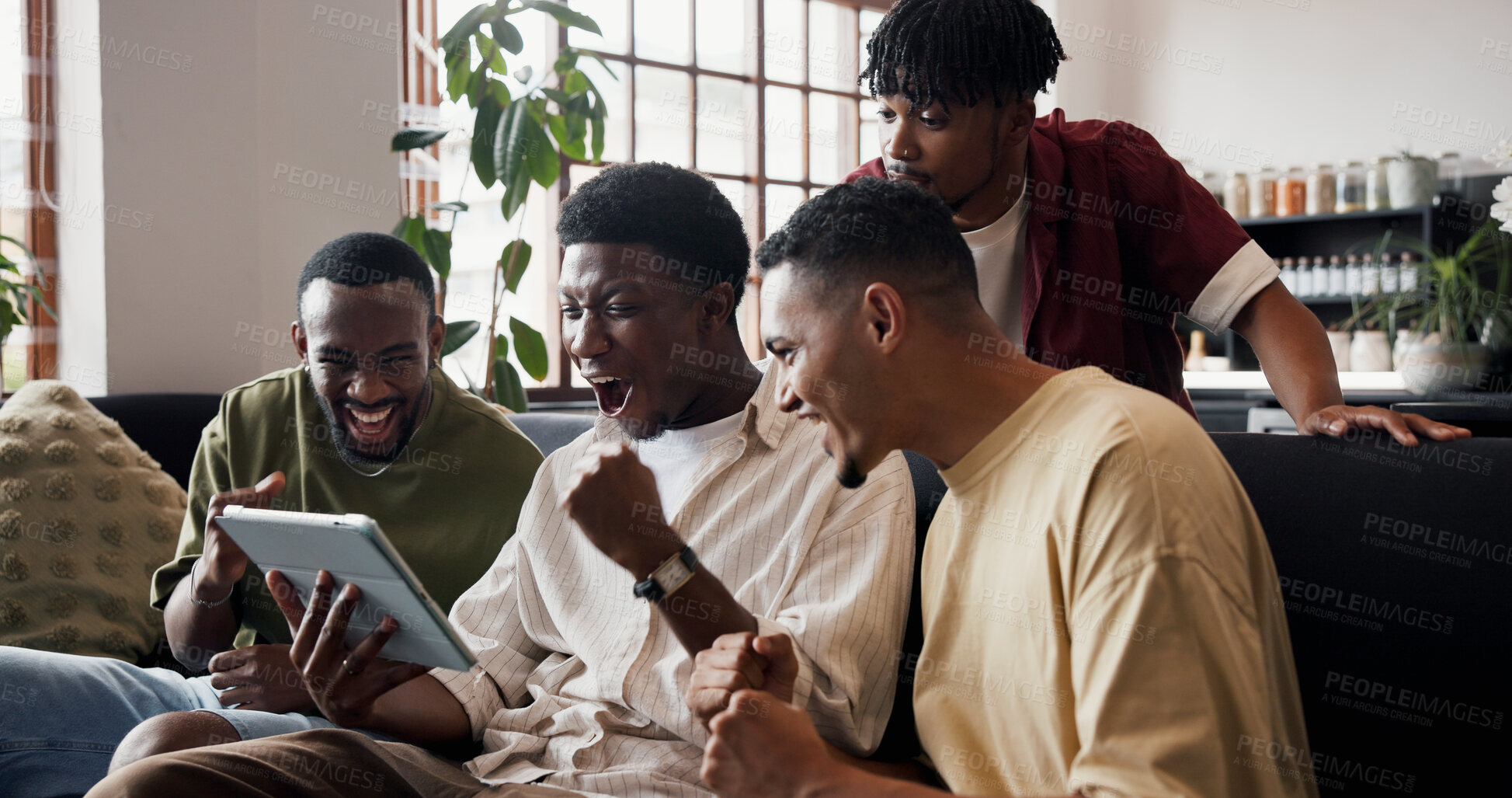 Buy stock photo Cheering, men and tablet for soccer results, excited and online watch for game victory. Celebration, people or friends in home, fist pump or tech for entertainment, happiness and app for match update