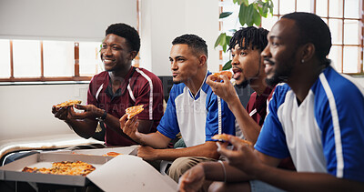 Buy stock photo Friends, eating and men watching tv on couch, sports competition and soccer match for weekend bonding. Fast food, home or football fans with pizza for game live stream, tournament broadcast or hungry