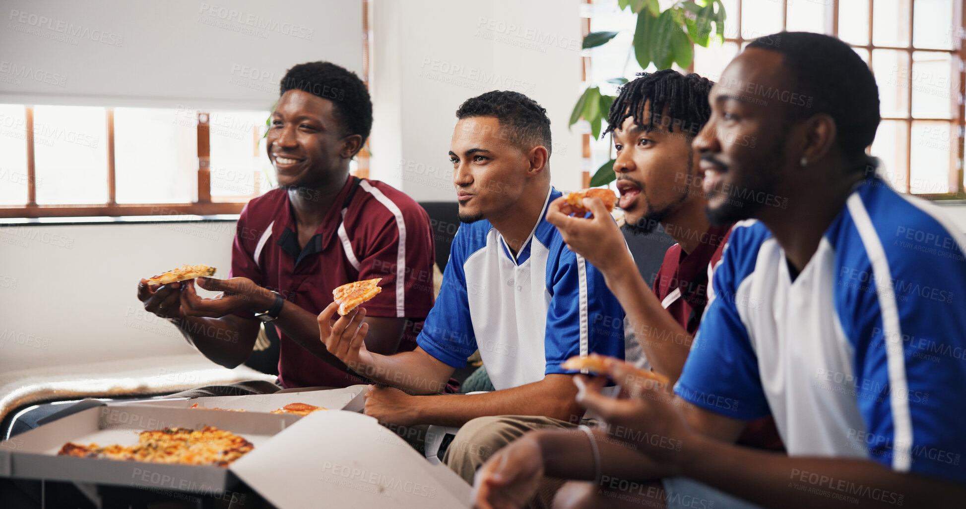 Buy stock photo Friends, eating and men watching tv on couch, sports competition and soccer match for weekend bonding. Fast food, home or football fans with pizza for game live stream, tournament broadcast or hungry