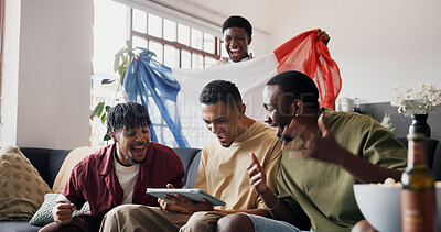 Buy stock photo Football game, excited and men in home, tablet and celebration for score victory. France flag, screaming and people in lounge, fans and cheering for sports champion, live streaming or contest update