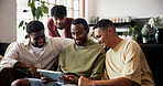 Home, men and tablet for soccer results, discussion and online reading for sports news. Smile, people or friends in lounge, funny meme or tech for entertainment, relax or digital app for social media