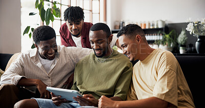 Buy stock photo Home, men and tablet for soccer results, discussion and online reading for sports news. Smile, people or friends in lounge, funny meme or tech for entertainment, relax or digital app for social media
