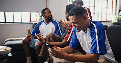 Buy stock photo Fans, phone and sports with man on sofa in home living room for friends reunion or television event. App, text message and streaming with happy people in apartment for competition, game or tournament