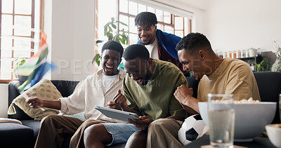 Buy stock photo Tablet, friends and celebration in home for soccer, streaming game and excited fans with support. Men, tech or win match in living room with fist pump for sports, yes or cheering for football results