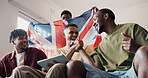 Soccer game, handshake and men in home, tablet and excited for score victory. UK flag, low angle or people in lounge, fans or cheering for sports tournament, shaking hands or support for football win