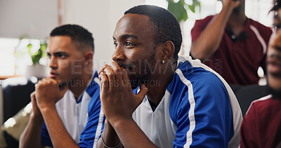 Buy stock photo Fans, sports and watching tv with friends on sofa in home living room for competition or support. Game, streaming and television with group of men in apartment for online event, match or tournament