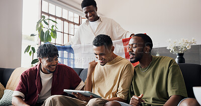 Buy stock photo Football game, celebration and men in home, tablet and fist pump for score victory. France flag, excited and people in lounge, fans and cheering for sports champion, live streaming or contest update