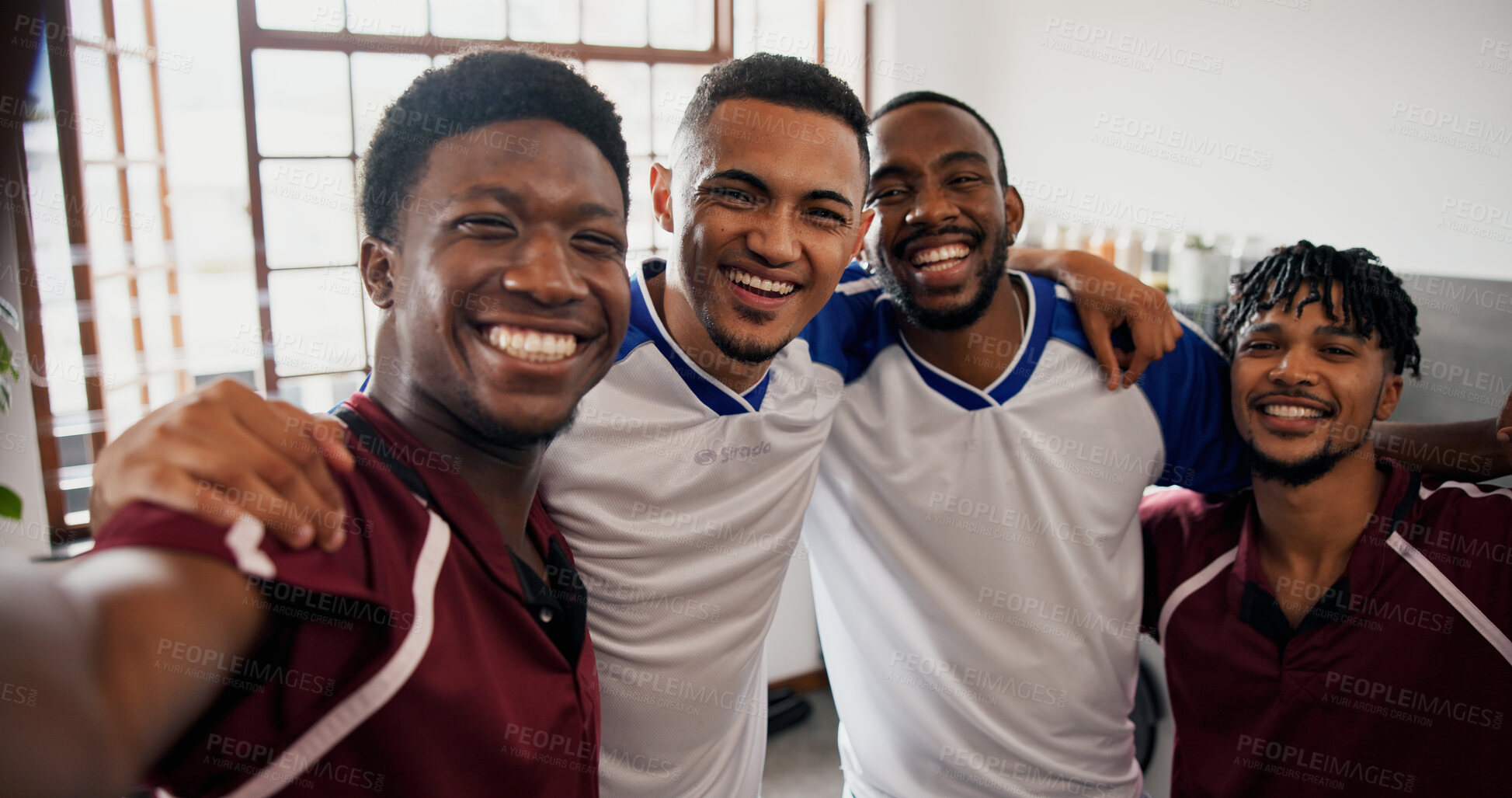Buy stock photo Happy men, portrait or hug with selfie for sport entertainment, reunion or memory in home. Male people, soccer fans and friends with smile for photography, picture or capture moment together in house