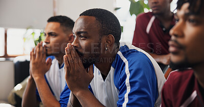 Buy stock photo Fans, watching tv and worry with friends on sofa in home living room for competition or support. Streaming, stress and television with group of men in apartment for online event, game or tournament