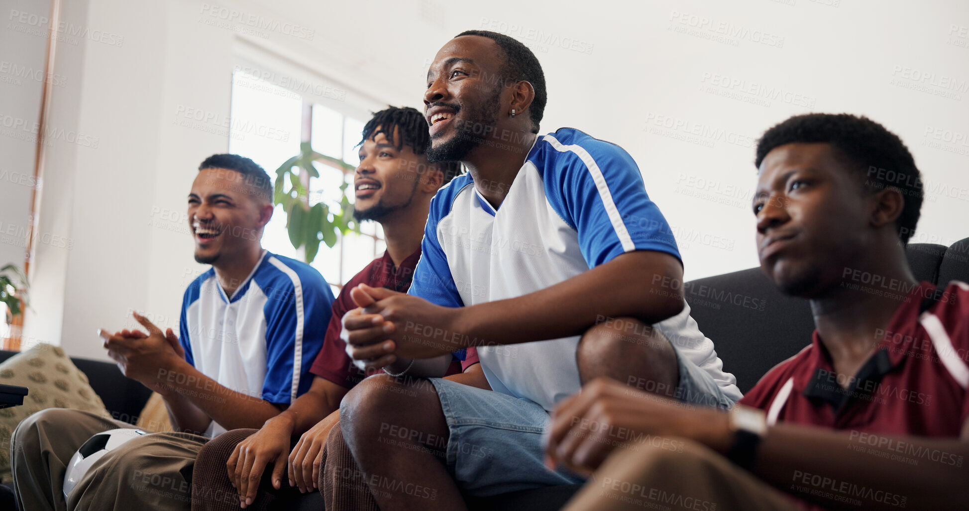 Buy stock photo Fans, sports and watching tv with men on sofa in home living room for competition or support. Game, streaming and television with group of friends in apartment for online event, match or tournament