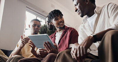 Buy stock photo Home, men or tablet for football results, conversation or online reading for sports news. Soccer, people or friends in lounge, talking or tech for entertainment, relax or digital app for subscription